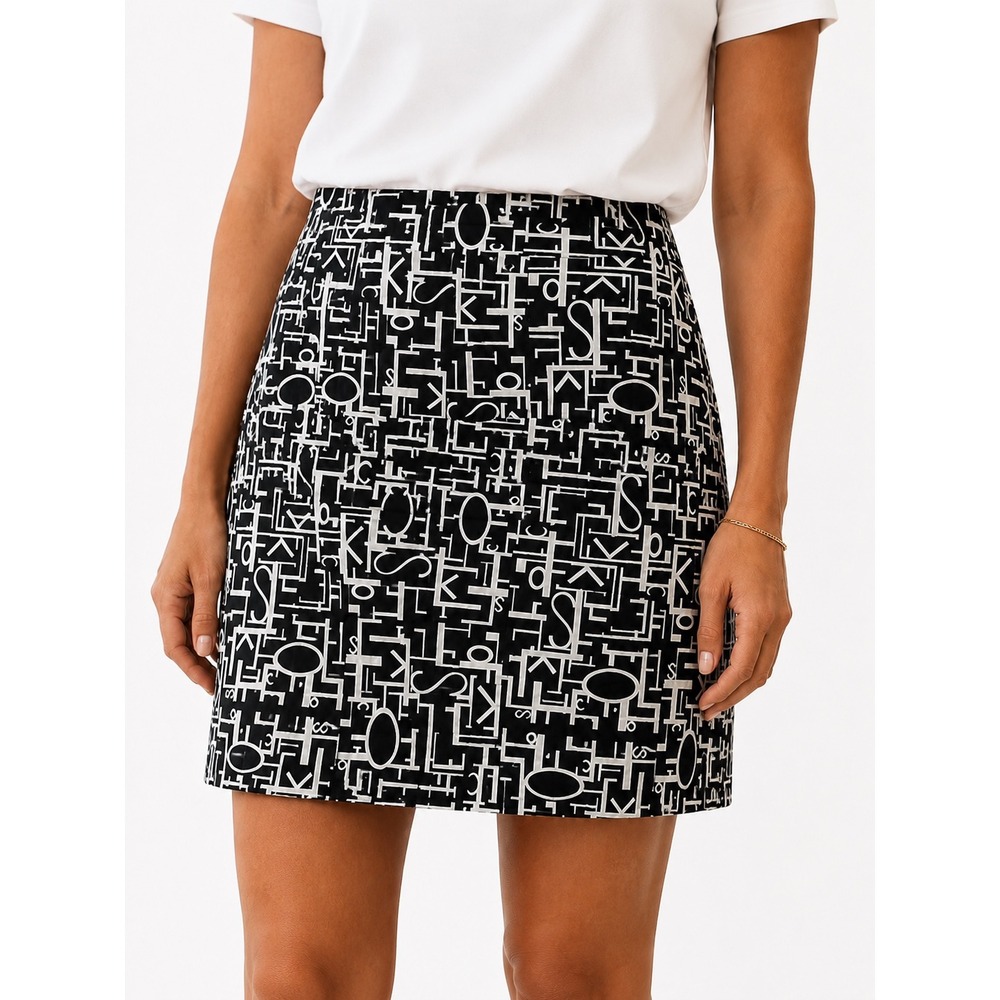 Poleci Silk Quilted Mini Skirt 8 Black White Graphic Print Designer Made USA